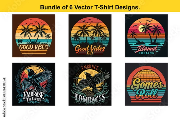 Fototapeta Bundle of 6 Retro Vector TShirt Designs with Palm Trees and Sunset