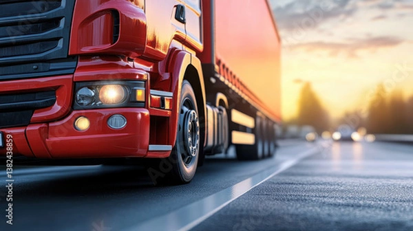Fototapeta A close-up of a red truck on a road during sunset, highlighting its wheels and headlights.