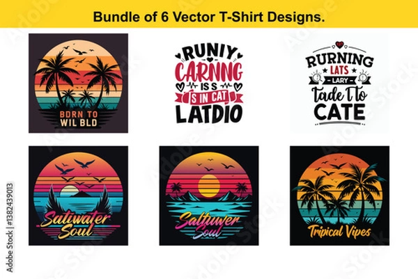 Fototapeta Bundle of 6 Retro Vintage TShirt Designs with Palm Trees Sunset Beach and Birds
