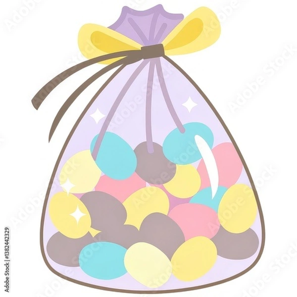 Fototapeta Easter gift celebratory. A colorful bag filled with pastel eggs, tied with a ribbon, exuding a festive and playful vibe. isolated on white background