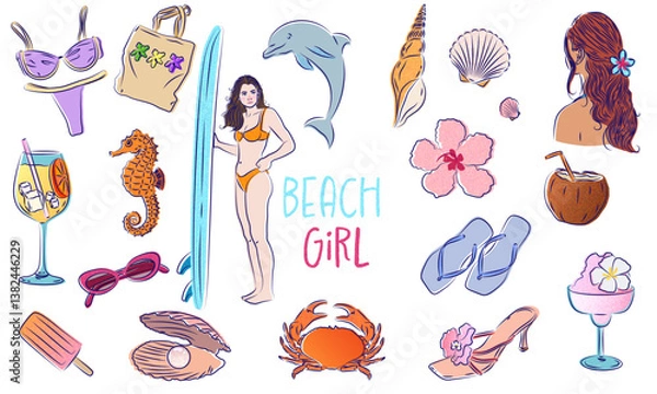 Obraz Summer vector illustration set, vector hand drawn beach vacation sticker, tropical ocean rest. 