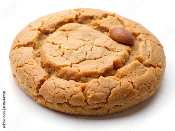Fototapeta A golden-brown almond cookie, baked to perfection, with a subtly cracked surface and a single almond crowning its center, against a bright white background.