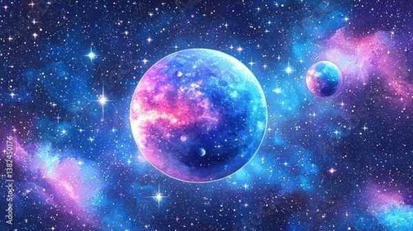 Fototapeta A vibrant cosmic scene featuring two planets amidst colorful nebulas and twinkling stars in a starry sky.