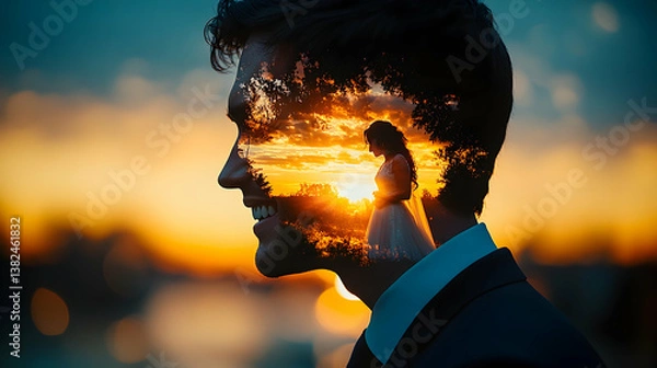 Fototapeta A mans profile at sunset a woman standing amid trees within his silhouette creates a beautiful double exposure effect