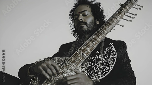 Fototapeta A musician with a sitar lost in music with eyes closed adorned with a red tilak Musical notes embellish clothing