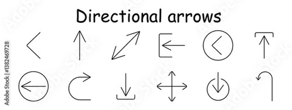 Obraz Directional arrows set icon. Left, top, circle, down, rotate, return, square, U-turn, navigation, adjustment, flow.