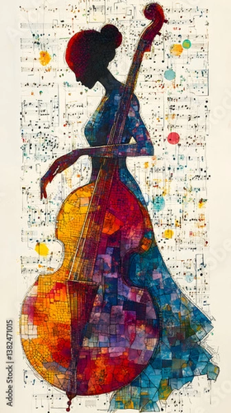 Fototapeta Abstract mosaic style painting of a woman shaped like a stringed instrument with sheet music background and colorful pai
