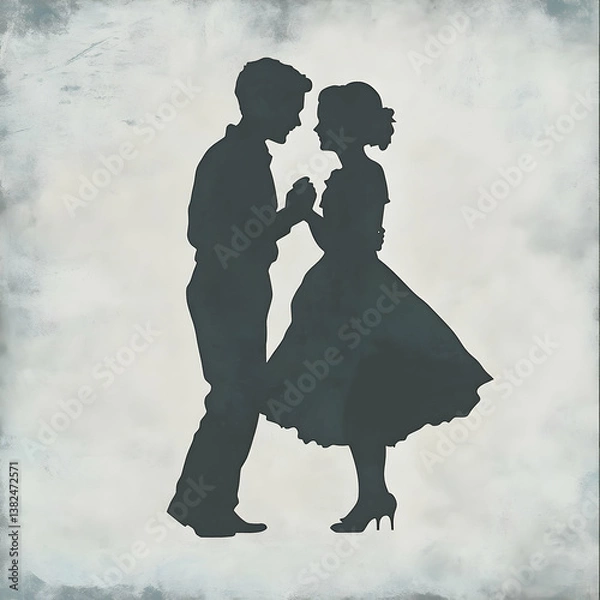 Fototapeta A silhouette of a couple in vintage attire holding hands on a textured background evoking a sense of nostalgia and clas