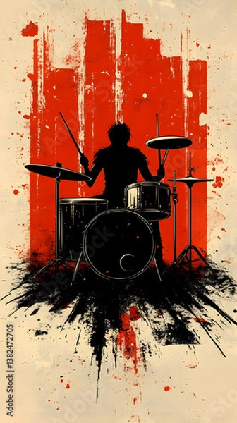 Fototapeta A silhouette of a drummer plays with his kit over an abstract background of red stripes and black spray paint a music e