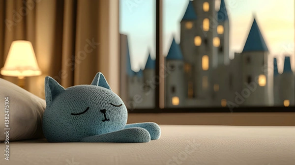 Fototapeta Blue Plush Cat Toy Sleeping on Bed with Castle View