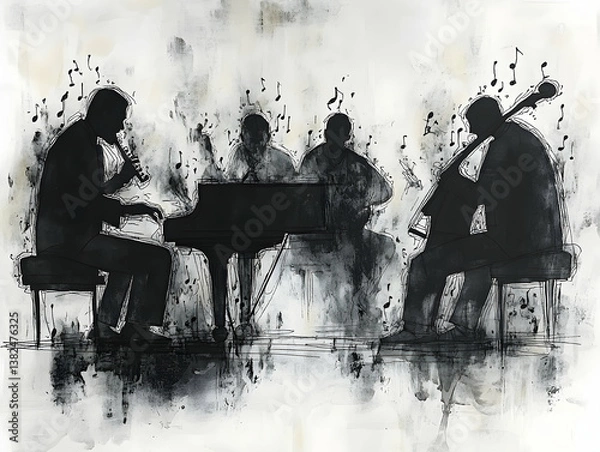 Fototapeta Black and white rendering of a jazz band performing with piano wind and string instruments surrounded by musical notes