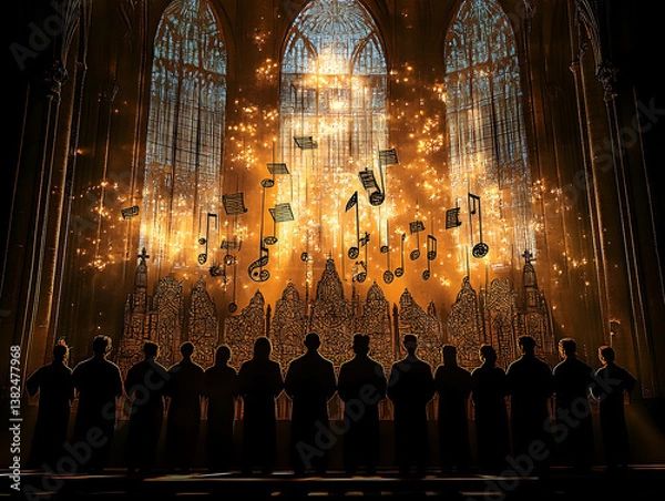 Fototapeta Choir silhouettes stand before a cathedral with musical notes floating in the golden light creating an ethereal atmosp