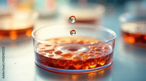Fototapeta A close-up of liquid in a clear dish with droplets forming and reflecting light, showcasing texture and fluid dynamics.