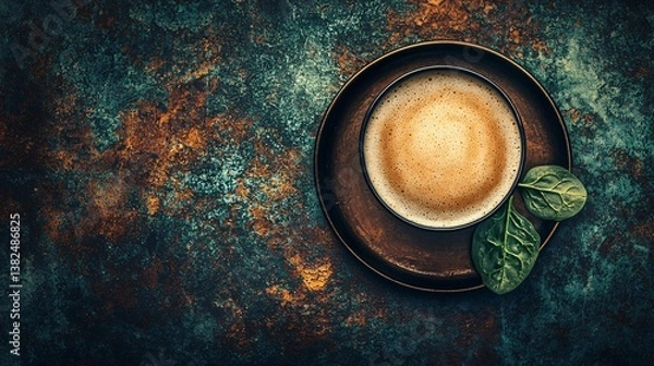 Fototapeta Creamy beverage in cup, atop round dish with garnish, lies on an abstract multicolored surface