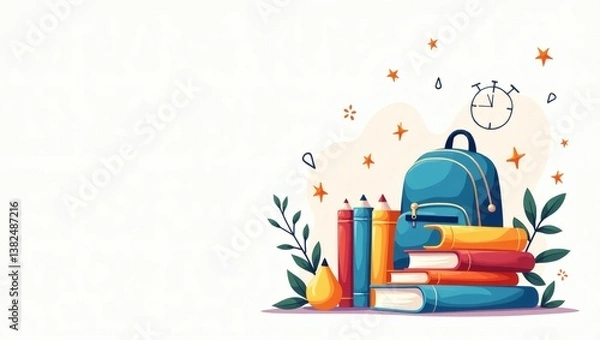 Fototapeta school supplies: books, bag, pencils, and an alarm clock, arranged with an aesthetic view. This picture illustrates the essence of learning. It's a symbolic depiction of educational pursuits