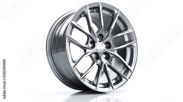 Fototapeta Chrome Alloy Wheel: A sleek, modern chrome alloy wheel with a multi-spoke design, showcasing its reflective surface and intricate details. Perfect for automotive, design, and industrial projects.