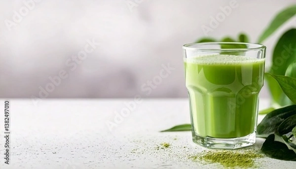 Obraz A bright green glass of matcha green tea is placed on a clean white surface. Matcha powder is sprinkled around it. It is perfect for use as a promotional image for health drinks or content related to 