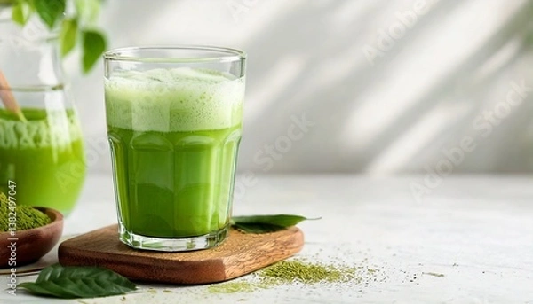 Obraz A bright green glass of matcha green tea is placed on a clean white surface. Matcha powder is sprinkled around it. It is perfect for use as a promotional image for health drinks or content related to 
