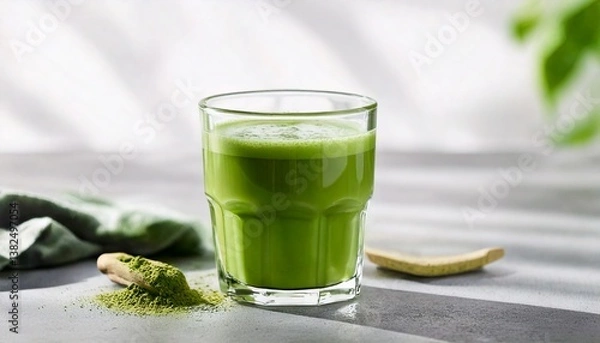 Obraz A bright green glass of matcha green tea is placed on a clean white surface. Matcha powder is sprinkled around it. It is perfect for use as a promotional image for health drinks or content related to 