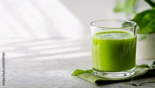 Obraz A bright green glass of matcha green tea is placed on a clean white surface. Matcha powder is sprinkled around it. It is perfect for use as a promotional image for health drinks or content related to 