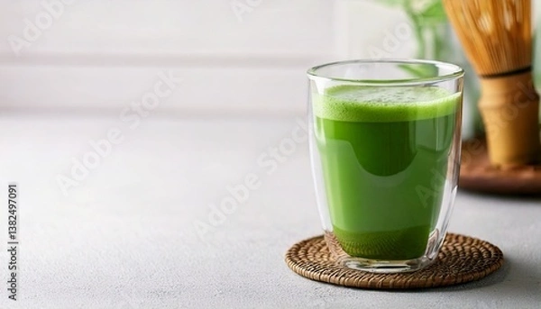Obraz A bright green glass of matcha green tea is placed on a clean white surface. Matcha powder is sprinkled around it. It is perfect for use as a promotional image for health drinks or content related to 