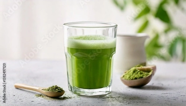 Obraz A bright green glass of matcha green tea is placed on a clean white surface. Matcha powder is sprinkled around it. It is perfect for use as a promotional image for health drinks or content related to 