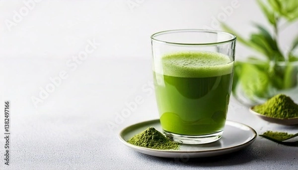 Obraz A bright green glass of matcha green tea is placed on a clean white surface. Matcha powder is sprinkled around it. It is perfect for use as a promotional image for health drinks or content related to 