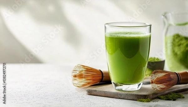 Obraz A bright green glass of matcha green tea is placed on a clean white surface. Matcha powder is sprinkled around it. It is perfect for use as a promotional image for health drinks or content related to 