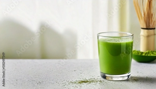 Obraz A bright green glass of matcha green tea is placed on a clean white surface. Matcha powder is sprinkled around it. It is perfect for use as a promotional image for health drinks or content related to 