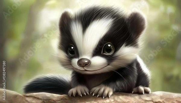 Fototapeta Adorable baby skunk exploring its surroundings.