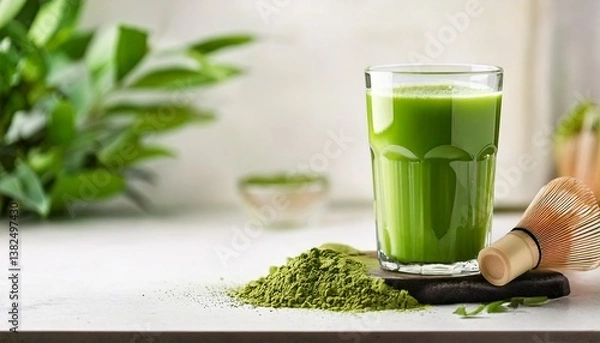 Obraz A bright green glass of matcha green tea is placed on a clean white surface. Matcha powder is sprinkled around it. It is perfect for use as a promotional image for health drinks or content related to 