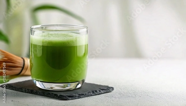 Obraz A bright green glass of matcha green tea is placed on a clean white surface. Matcha powder is sprinkled around it. It is perfect for use as a promotional image for health drinks or content related to 