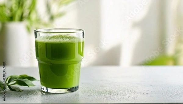 Obraz A bright green glass of matcha green tea is placed on a clean white surface. Matcha powder is sprinkled around it. It is perfect for use as a promotional image for health drinks or content related to 
