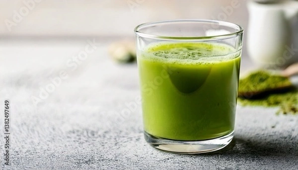 Obraz A bright green glass of matcha green tea is placed on a clean white surface. Matcha powder is sprinkled around it. It is perfect for use as a promotional image for health drinks or content related to 