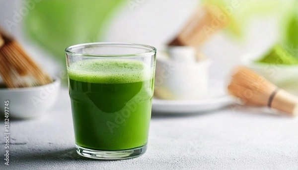 Obraz A bright green glass of matcha green tea is placed on a clean white surface. Matcha powder is sprinkled around it. It is perfect for use as a promotional image for health drinks or content related to 