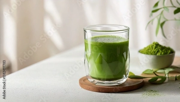 Obraz A bright green glass of matcha green tea is placed on a clean white surface. Matcha powder is sprinkled around it. It is perfect for use as a promotional image for health drinks or content related to 