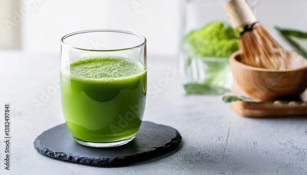 Obraz A bright green glass of matcha green tea is placed on a clean white surface. Matcha powder is sprinkled around it. It is perfect for use as a promotional image for health drinks or content related to 