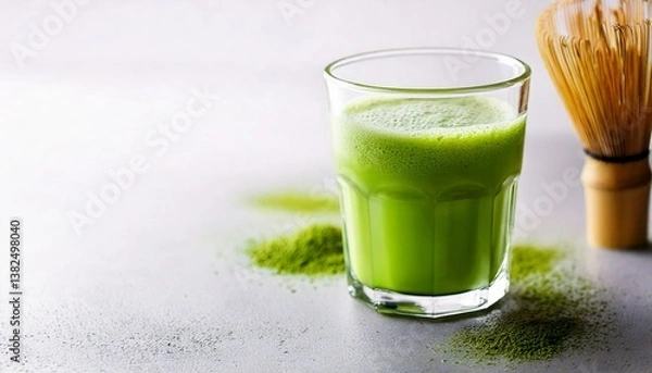Obraz A bright green glass of matcha green tea is placed on a clean white surface. Matcha powder is sprinkled around it. It is perfect for use as a promotional image for health drinks or content related to 