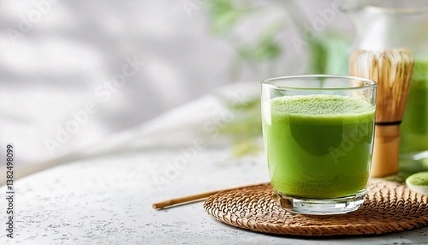Obraz A bright green glass of matcha green tea is placed on a clean white surface. Matcha powder is sprinkled around it. It is perfect for use as a promotional image for health drinks or content related to 