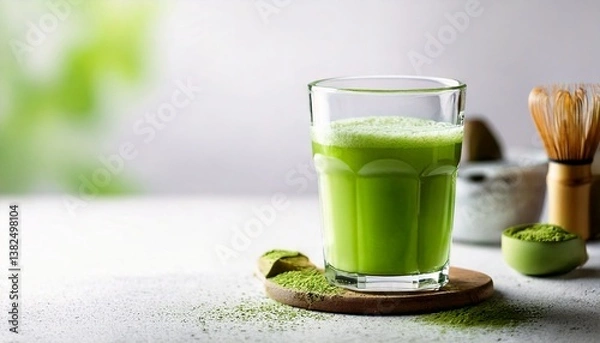 Obraz A bright green glass of matcha green tea is placed on a clean white surface. Matcha powder is sprinkled around it. It is perfect for use as a promotional image for health drinks or content related to 