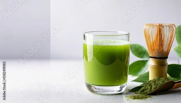 Obraz A bright green glass of matcha green tea is placed on a clean white surface. Matcha powder is sprinkled around it. It is perfect for use as a promotional image for health drinks or content related to 