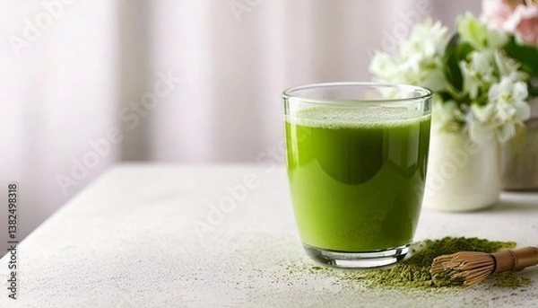 Obraz A bright green glass of matcha green tea is placed on a clean white surface. Matcha powder is sprinkled around it. It is perfect for use as a promotional image for health drinks or content related to 
