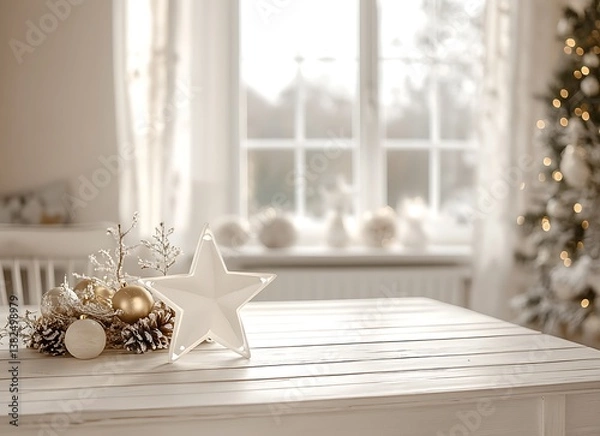 Fototapeta A white wooden table with a white star and golden Christmas decorations, a blurred window in the background, a cozy light atmosphere, a product presentation mock-up, high-resolution photography