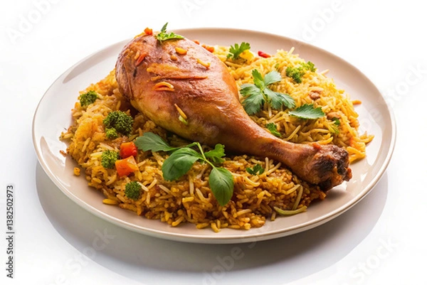 Obraz Fried chicken leg piece with rice on a plate on white background