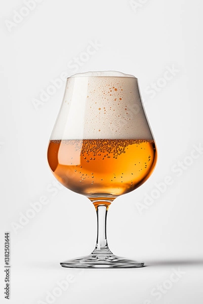 Fototapeta A tulip-shaped beer glass filled with golden amber craft beer, topped with a thick, frothy foam. Tiny bubbles rise through the effervescent liquid, creating a visually appealing texture. 
