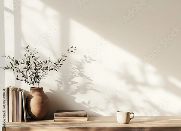 Fototapeta A wooden desk with books and an olive branch in a clay vase on it, a coffee cup on the table next to the wall, a minimalistic interior design of a modern home office, soft warm light, neutral tones, a