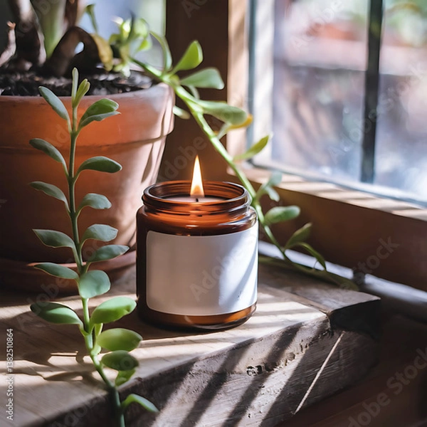 Obraz Candle with white blank label mockup background