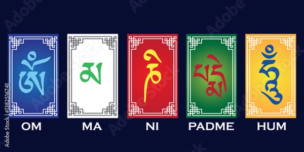 Fototapeta An illustration of the Tibetan Buddhist mantra "Om Mani Padme Hum," with each syllable displayed in a traditional script on a colorful vertical panel. 