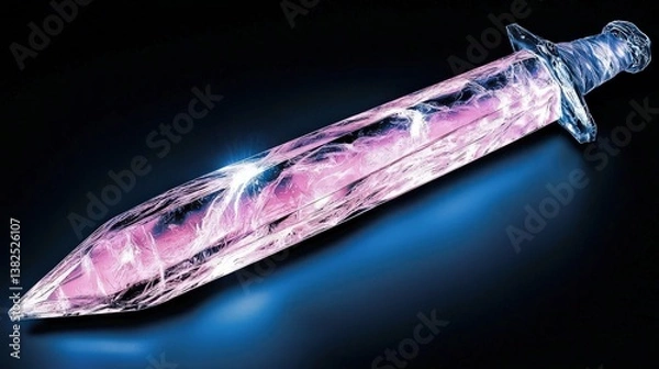 Fototapeta Quantum gemstone sword carved from aurora fragments, reflecting neon pulse in every black fold