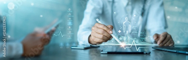 Obraz Medicine doctor team touching electronic medical record with AI technology, Science, Digital healthcare on network with hologram modern virtual interface, Medical technology and futuristic concept.